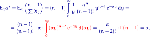\begin{multline*}
{\mathsf E}\,{\!}_{\alpha}\alpha^*={\mathsf E}\,{\!}_{\alpha}\...
 ... {
\color {red}
 \text{\boldmath\ensuremath \Gamma}(n-1)}=\alpha.\end{multline*}