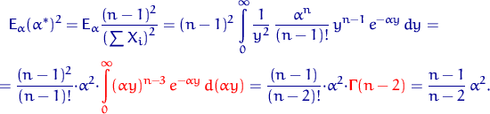 \begin{multline*}
{\mathsf E}\,{\!}_{\alpha}(\alpha^*)^2={\mathsf E}\,{\!}_{\alp...
 ...xt{\boldmath\ensuremath \Gamma}(n-2)}=\dfrac{n-1}{n-2}\,\alpha^2.\end{multline*}