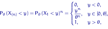 \begin{displaymath}
{\mathsf P}_\theta\,(X_{(n)}<y)={\mathsf P}_\theta\,(X_1<y)^...
 ...{\theta^n}, & y\in[0,\theta], \cr
 1, & y\gt\theta,\end{cases} \end{displaymath}