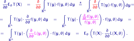 \begin{multline*}
\frac{\partial}{\partial\theta} {\mathsf E}_\theta\, T({\mathb...
 ...dot
\frac{\partial}{\partial\theta}L({\mathbf X}, \theta)\right).\end{multline*}
