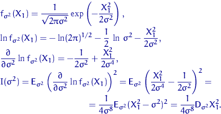 \begin{eqnarray*}
&&
f_{\sigma^2}(X_1) = \dfrac{1}{\sqrt{2\pi\sigma^2}}
 \exp\le...
 ...ma^2)^2=
 \dfrac{1}{4\sigma^8} {\mathsf D}\,{\!}_{\sigma^2}X_1^2.\end{eqnarray*}