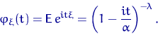\begin{displaymath}
\varphi_\xi(t)={\mathsf E}\, e^{it\xi}=\left(1-\dfrac{it}{\alpha}\right)^{-\lambda}.\end{displaymath}
