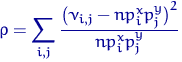 \begin{displaymath}
% latex2html id marker 9857
\rho=\sum_{i,j}\dfrac{\bigl(\nu_...
 ...j^y\bigr)^2}{np_i^xp_j^y} \end{displaymath}