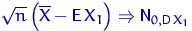 $\sqrt{n}\left(\overline X - {\mathsf E}\, X_1\right)\Rightarrow {\mathsf N}_{0,{\mathsf D}\, X_1}$