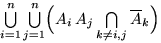 $\bigcup\limits_{i=1}^n\bigcup\limits_{j=1}^n\Bigl(A_i\,A_j\bigcap\limits_{k\ne i,j}\overline A_k\Bigr)$